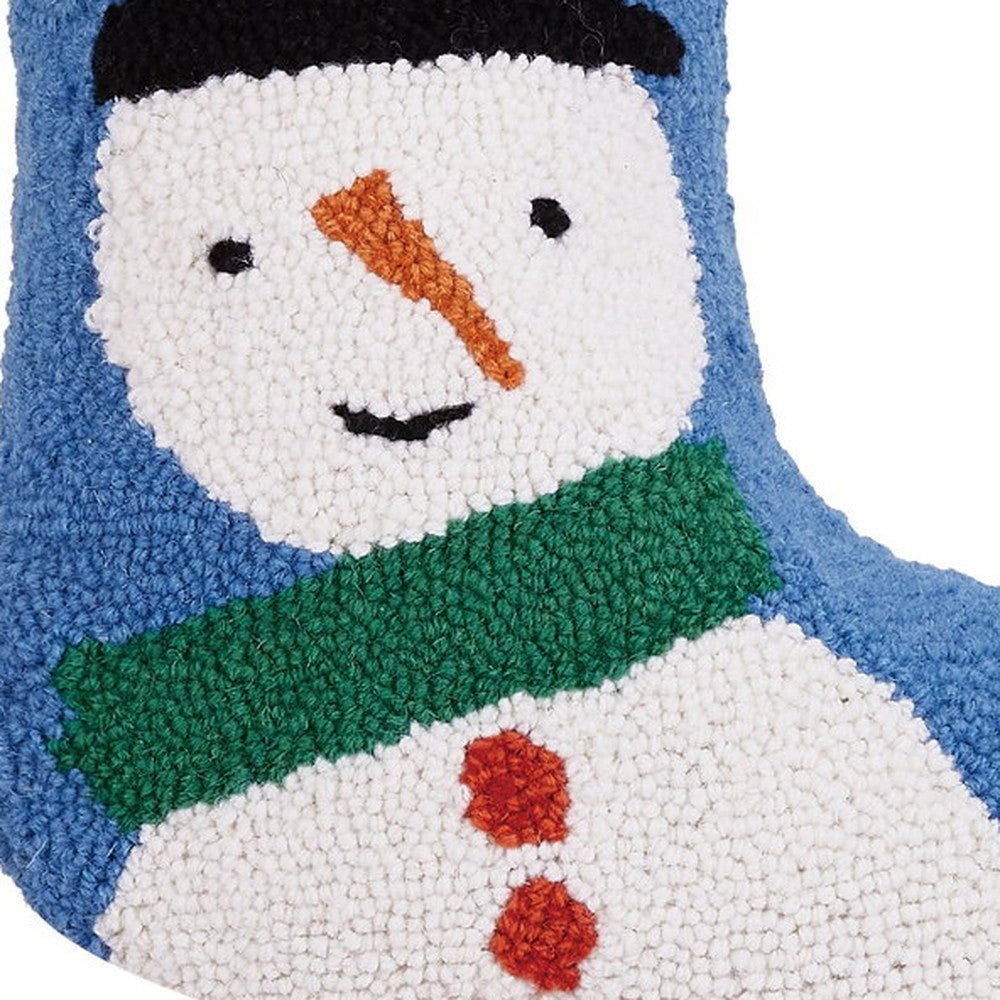 Closeup of Snowman with Pom Pom Tassel Hooked Wool Christmas Stocking showing stitch texture and craftsmanship detail