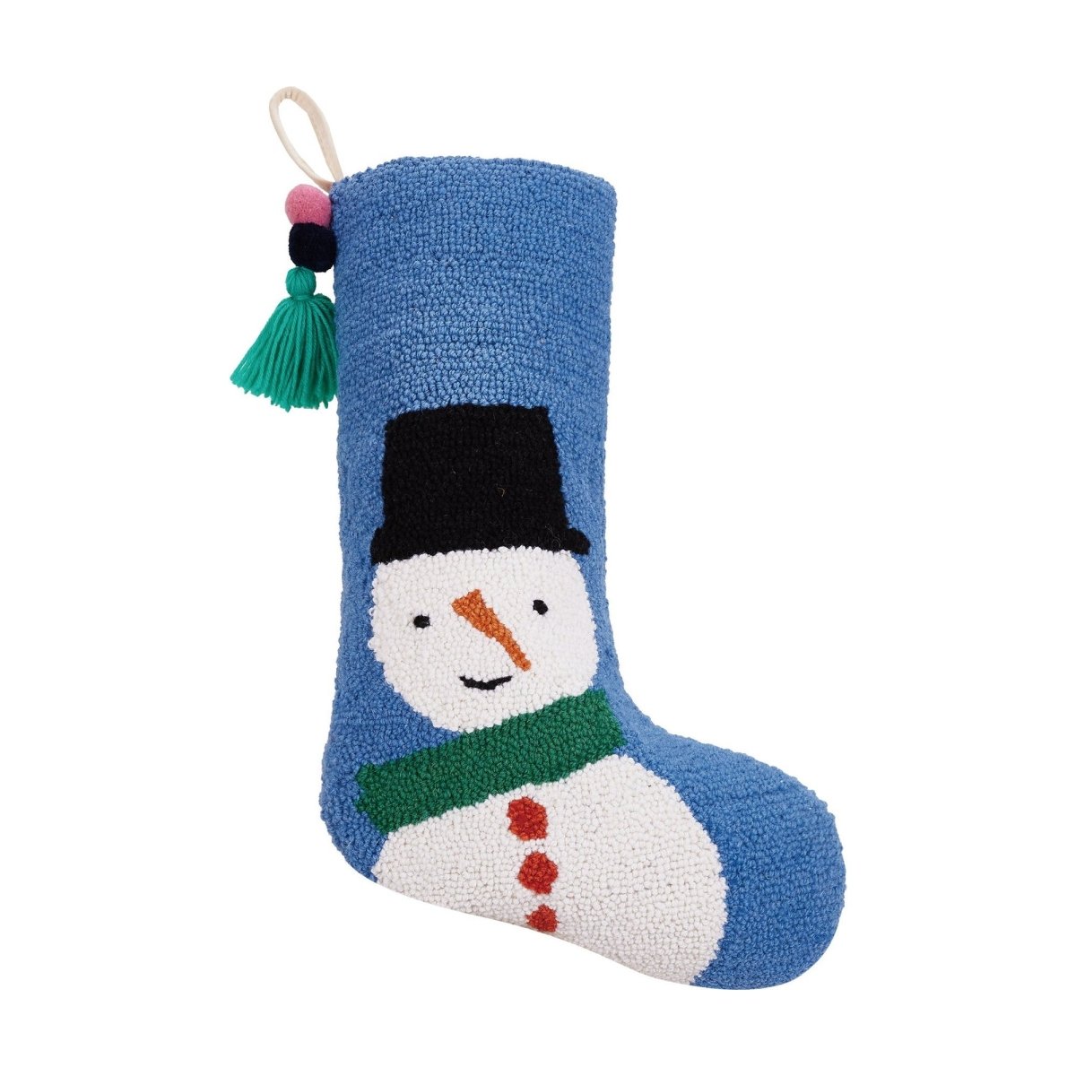 Snowman with Pom Pom Tassel Hooked Wool Christmas Stocking, 12x20 inch, front view
