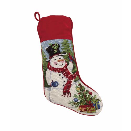 Snowman Wool Needlepoint Christmas Stocking, 11x18 inch, front view