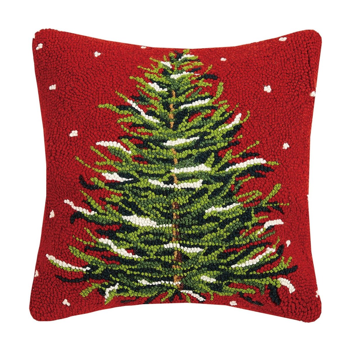 Snowy Evergreen Christmas Tree Hooked Wool Throw Pillow, 16x16 inch, front view
