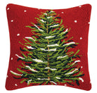 Snowy Evergreen Christmas Tree Hooked Wool Throw Pillow, 16x16 inch, front view