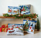 Snowy Tree with Snowman Hooked Wool Christmas Throw Pillow shown alongside other designs in the same collection, 18x18 inch