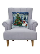 Snowy Tree with Snowman Hooked Wool Christmas Throw Pillow on an armchair, showing the throw pillow at room scale, 18x18 inch
