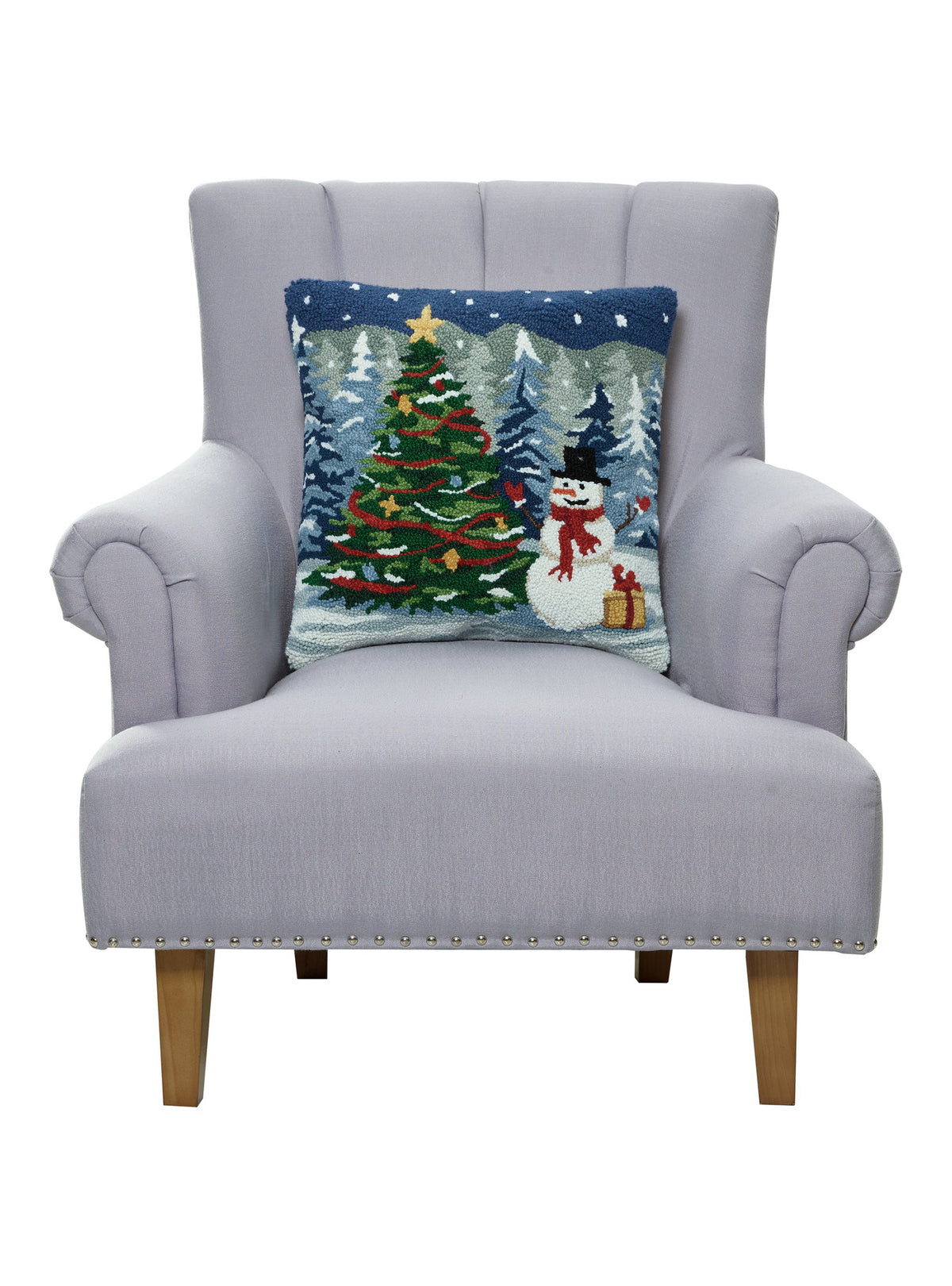 Snowy Tree with Snowman Hooked Wool Christmas Throw Pillow on an armchair, showing the throw pillow at room scale, 18x18 inch