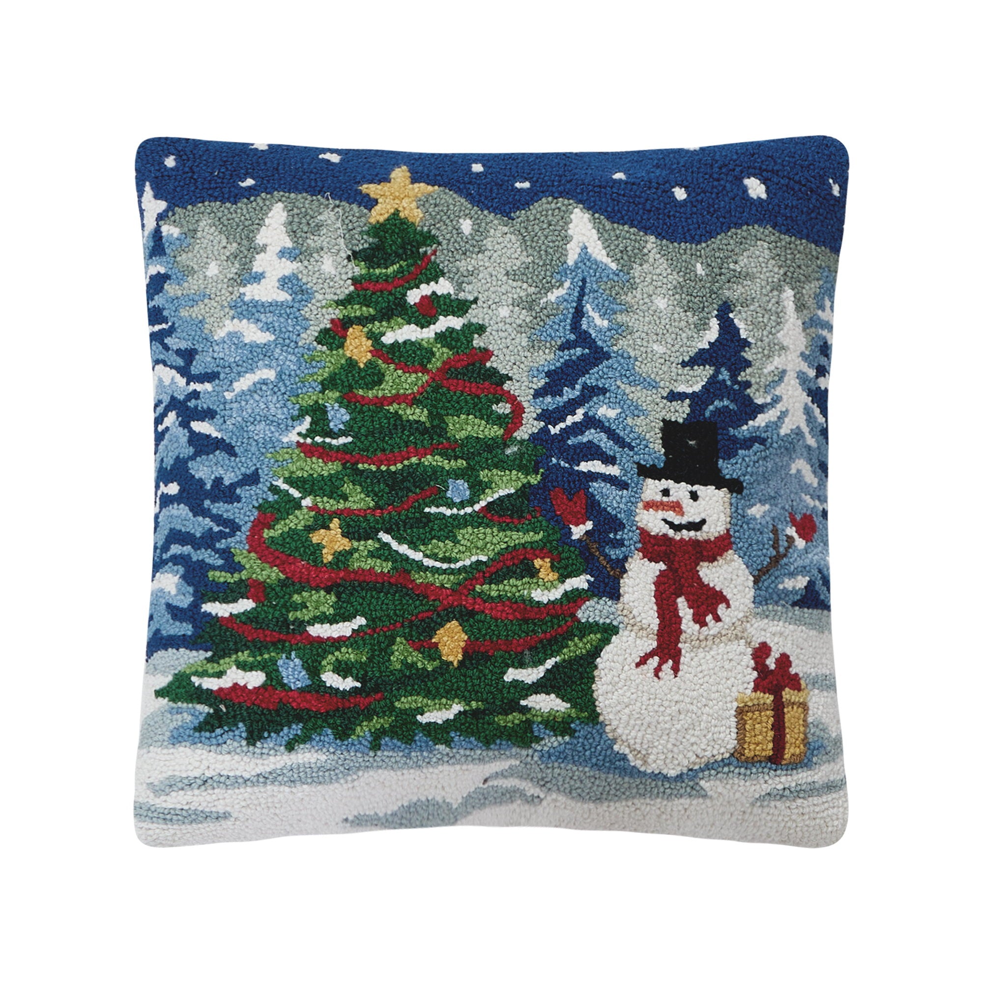 Snowy Tree with Snowman Hooked Wool Christmas Throw Pillow, 18x18 inch, front view