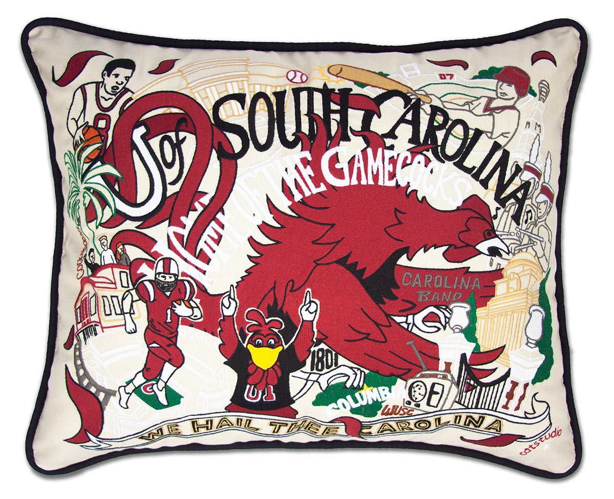 South Carolina Gamecocks hand-embroidered throw pillow featuring school colors and mascot imagery