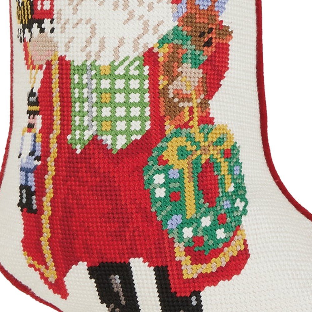 Closeup of Spirits Bright Embroidered Needlepoint Christmas Stocking showing stitch texture and craftsmanship detail
