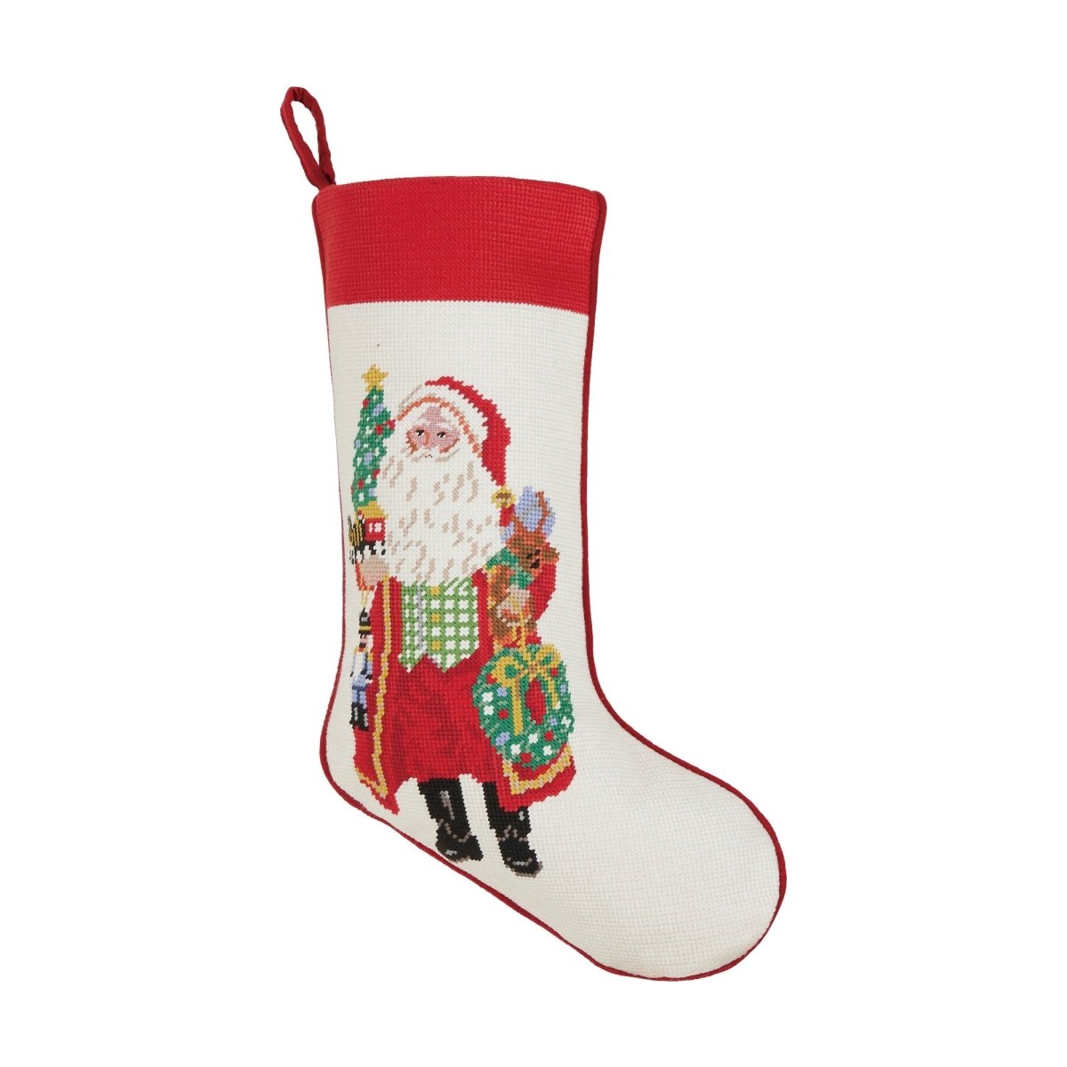 Spirits Bright Embroidered Needlepoint Christmas Stocking, 11x18 inch, front view