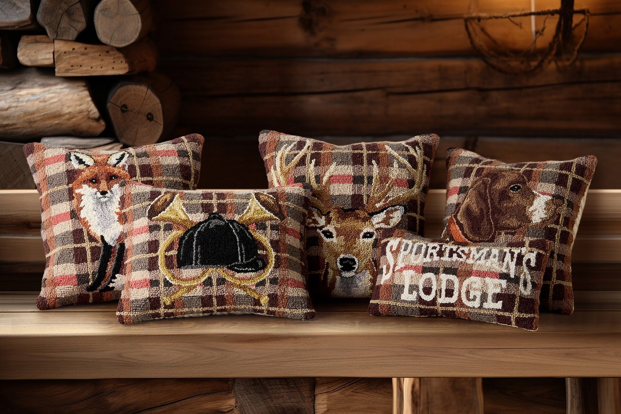 Sportsman's Lodge Hooked Wool Throw Pillow shown alongside other designs in the same collection, 9x16 inch