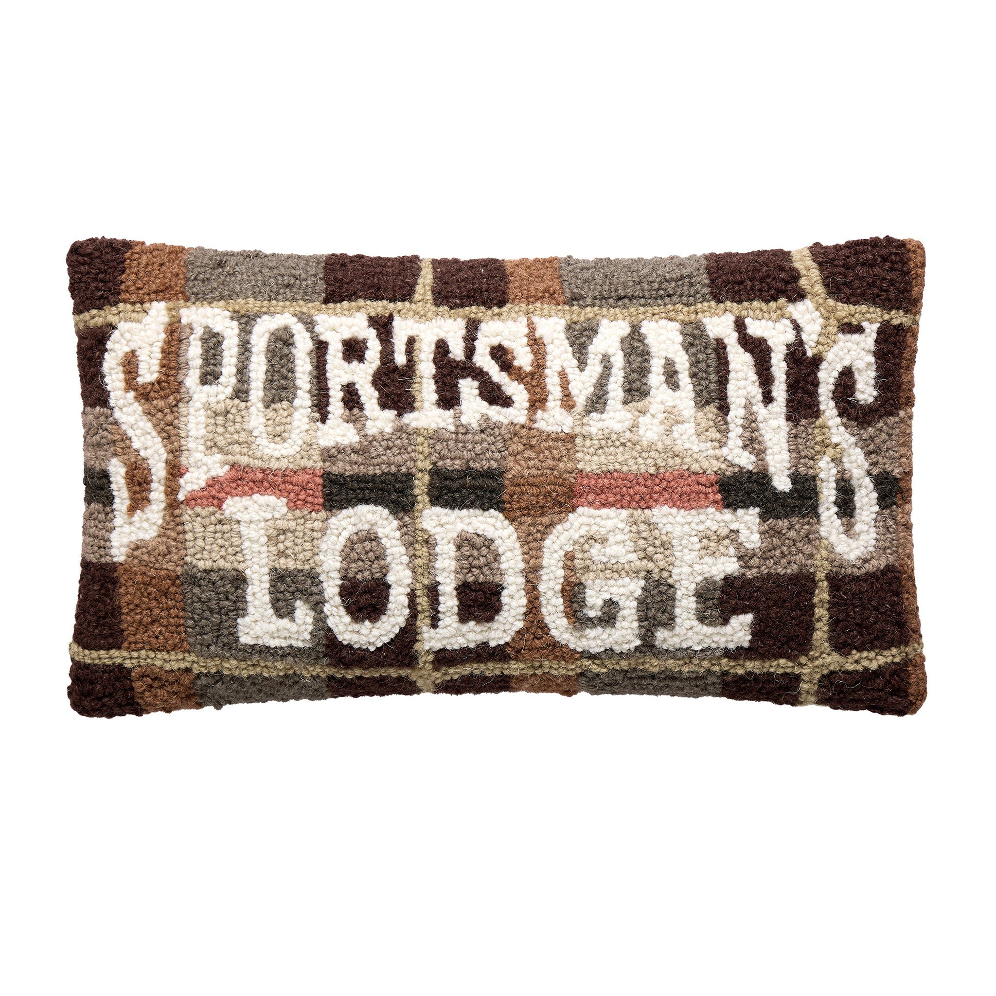 Sportsman's Lodge Hooked Wool Throw Pillow, 9x16 inch, front view