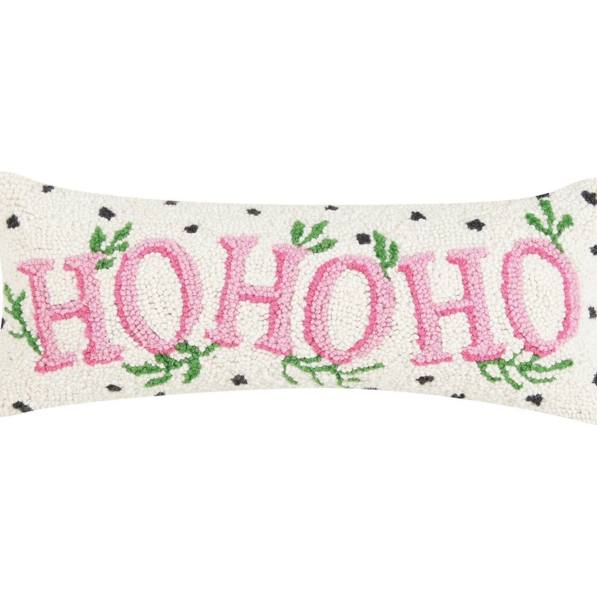 Spotted Holiday Ho Ho Ho Hooked Wool Christmas Throw Pillow, close-up detail