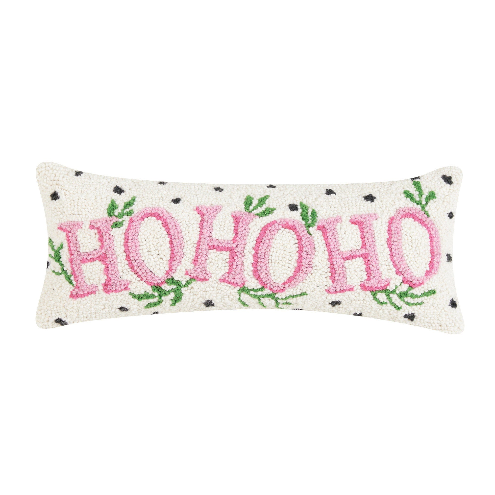 Spotted Holiday Ho Ho Ho Hooked Wool Christmas Throw Pillow, 8x20 inch, front view
