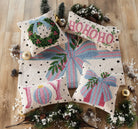 Spotted Holiday Wreath Hooked Wool Christmas Throw Pillow shown alongside other designs in the same collection, 14x14 inch
