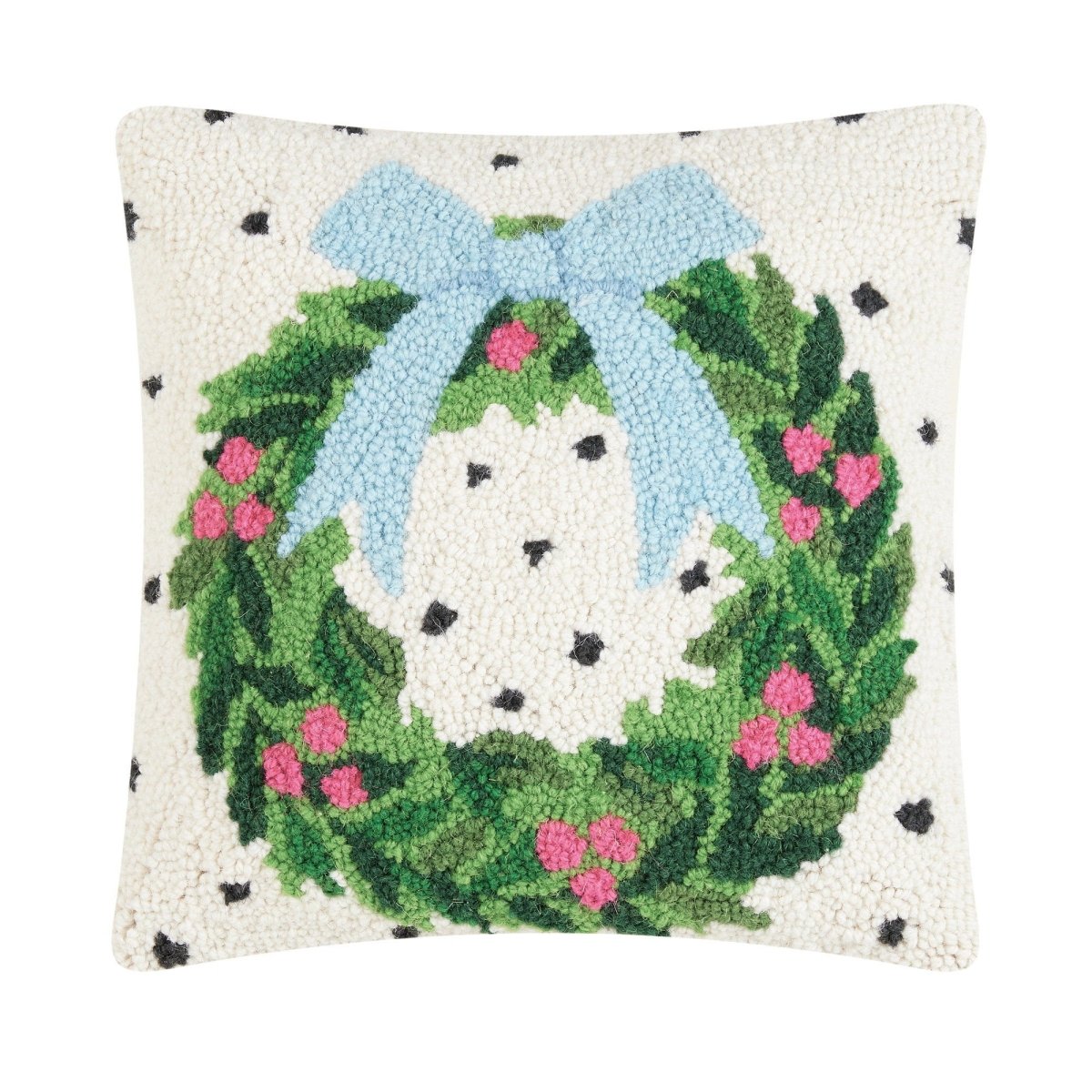 Spotted Holiday Wreath Hooked Wool Christmas Throw Pillow, 14x14 inch, front view