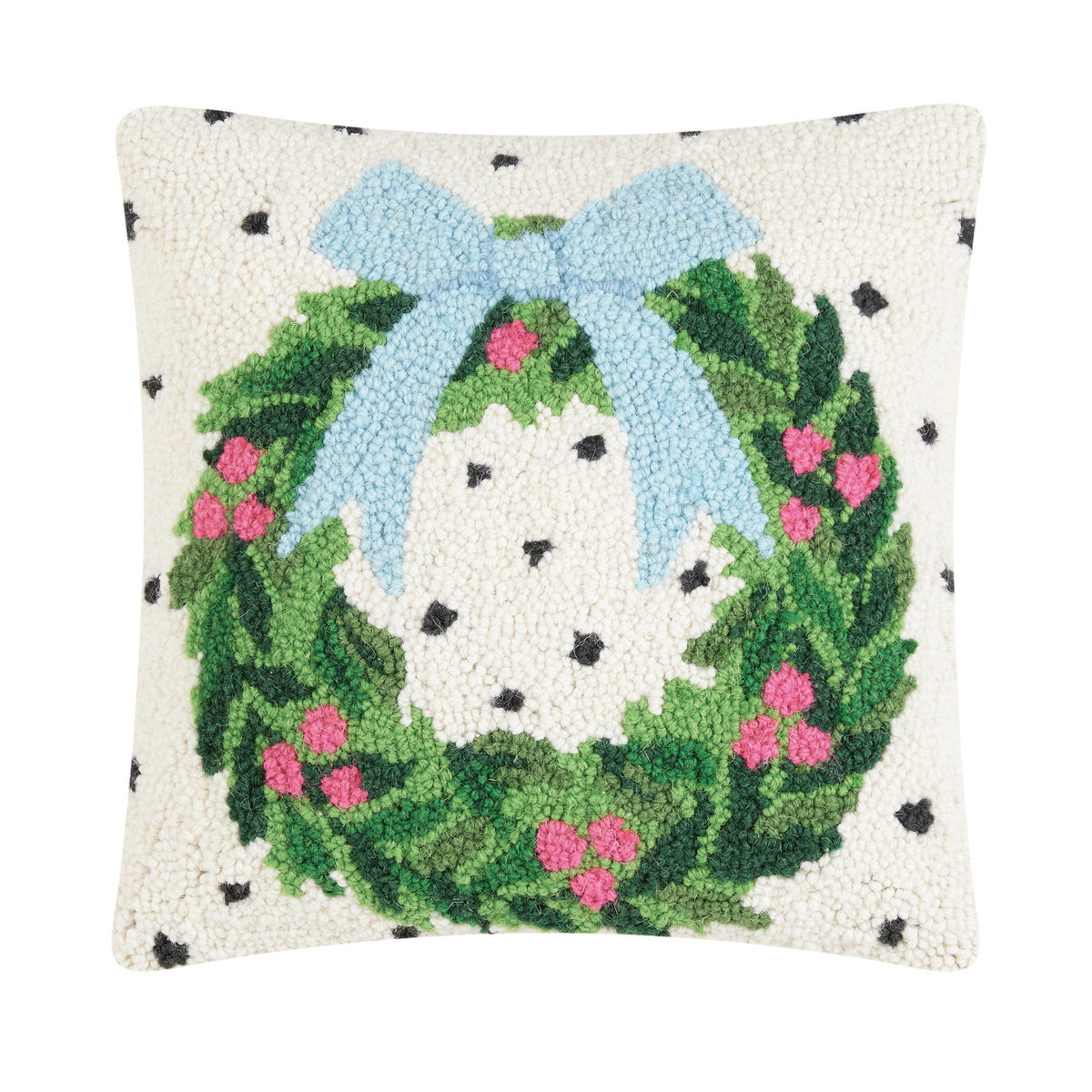 Spotted Holiday Wreath Hooked Wool Christmas Throw Pillow, 14x14 inch, front view