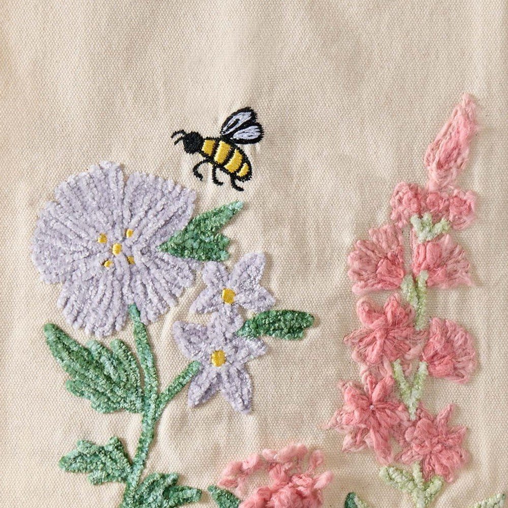 Closeup of Spring Floral with Bee Kitchen Towel showing print and fabric detail