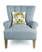 Spring Sheep Hooked Wool Throw Pillow on an armchair, showing the throw pillow at room scale, 14x14 inch