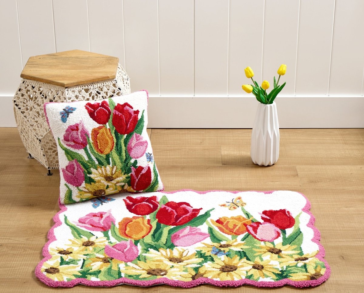 Springtime Tulips Hooked Wool Throw Pillow shown alongside other designs in the same collection, 16x16 inch
