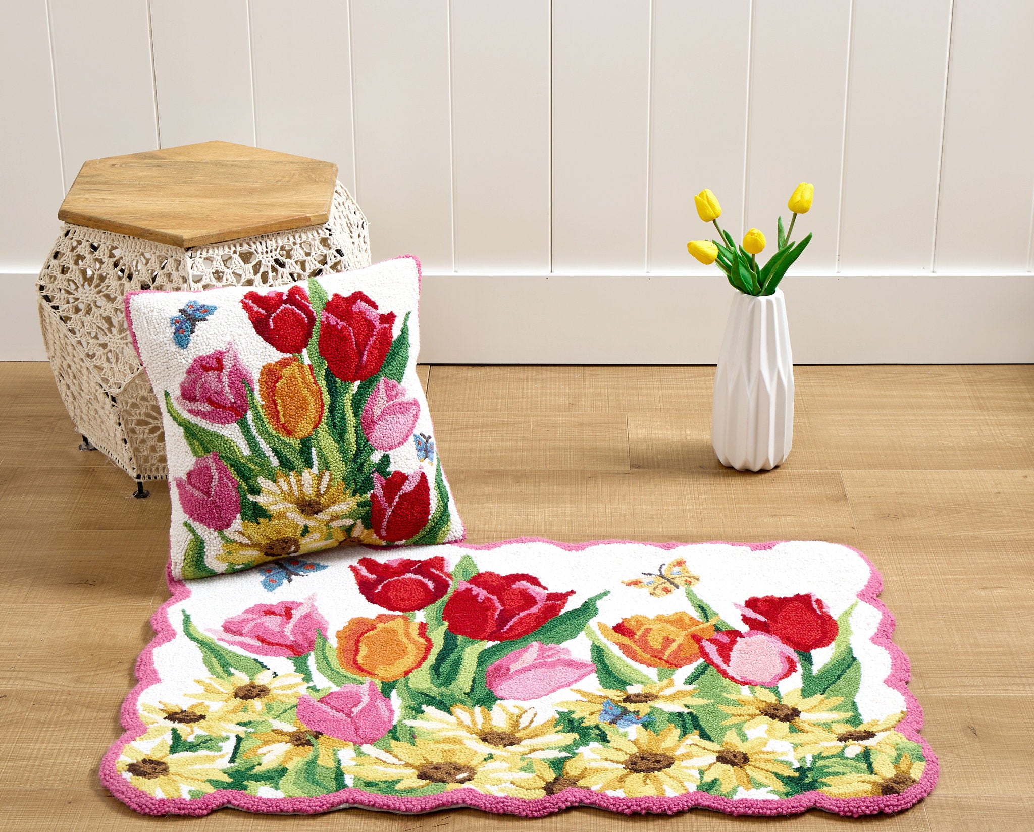 Springtime Tulips Hooked Wool Throw Pillow shown alongside other designs in the same collection, 16x16 inch