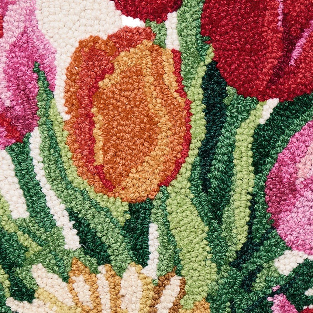 Springtime Tulips Hooked Wool Throw Pillow, close-up detail