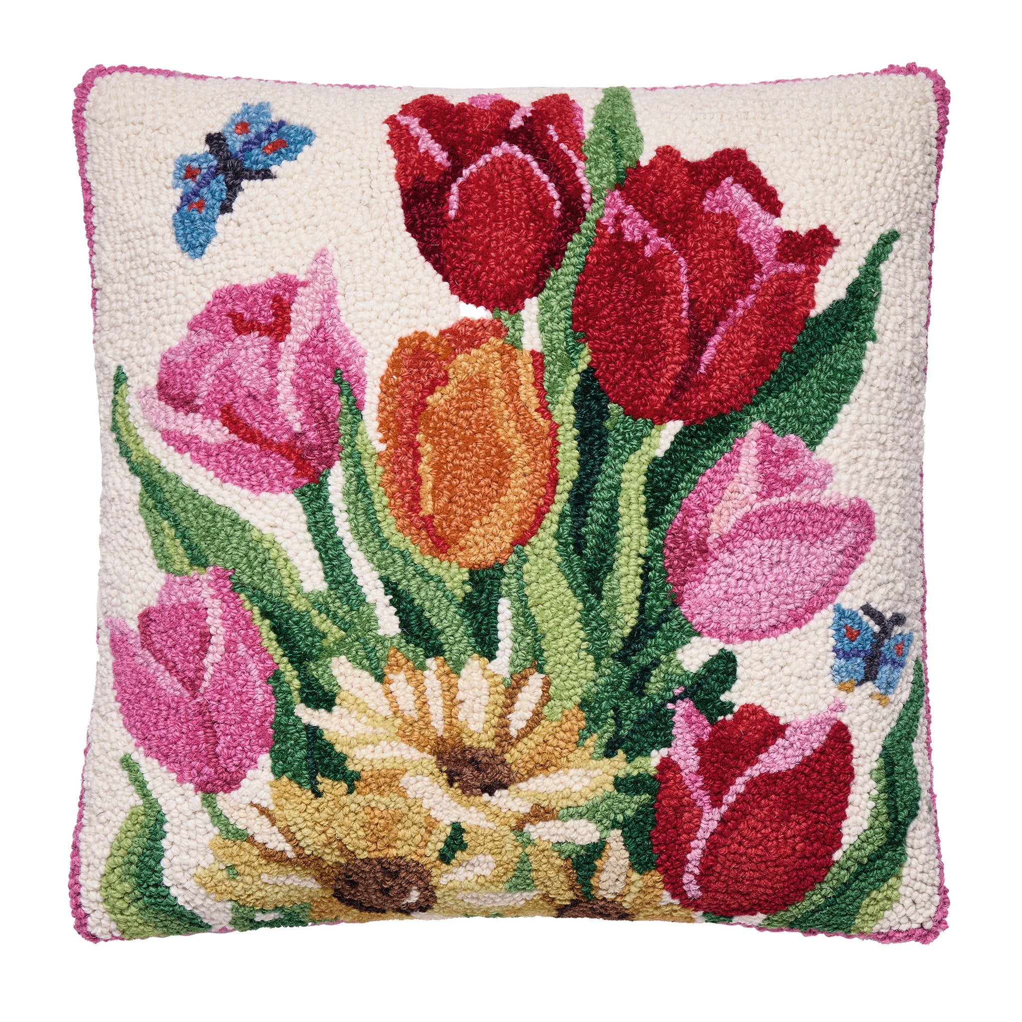 Springtime Tulips Hooked Wool Throw Pillow, 16x16 inch, front view