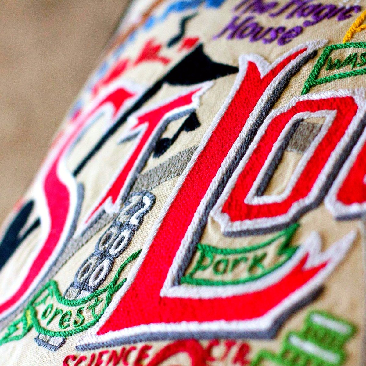 St. Louis, MO Gateway City Embroidered Travel Pillow - close-up detail of hand-embroidered needlepoint stitching