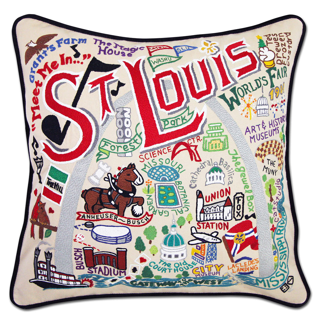St. Louis, MO Gateway City embroidered throw pillow with arch design.