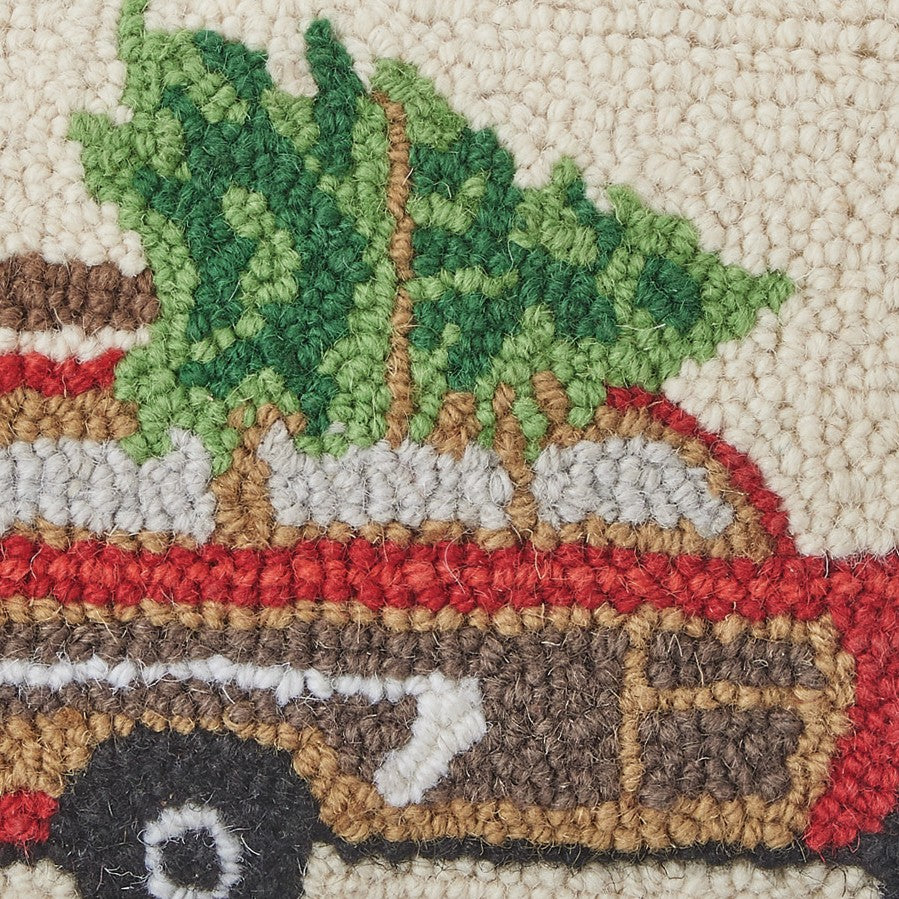 Station Wagon Tree Hooked Wool Christmas Throw Pillow, close-up detail