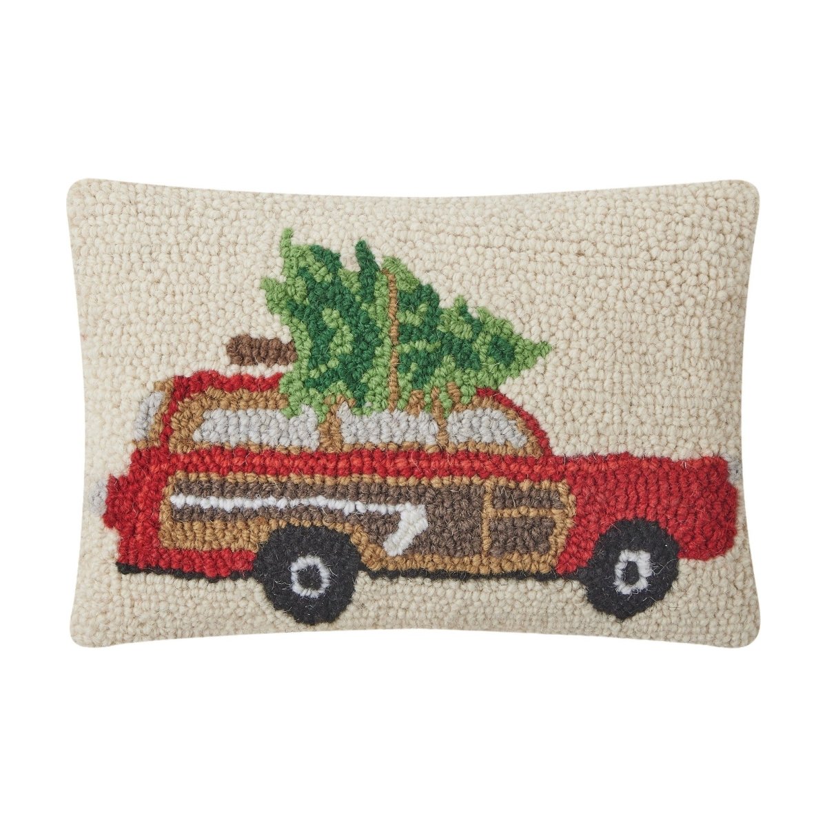 Station Wagon Tree Hooked Wool Christmas Throw Pillow, 8x12 inch, front view