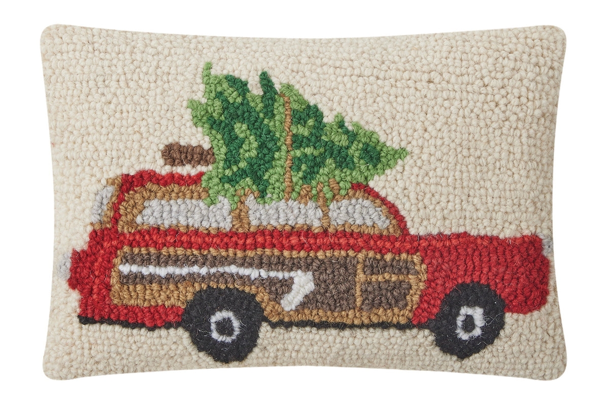 Station Wagon Tree Hooked Wool Christmas Throw Pillow, 8x12 inch, front view