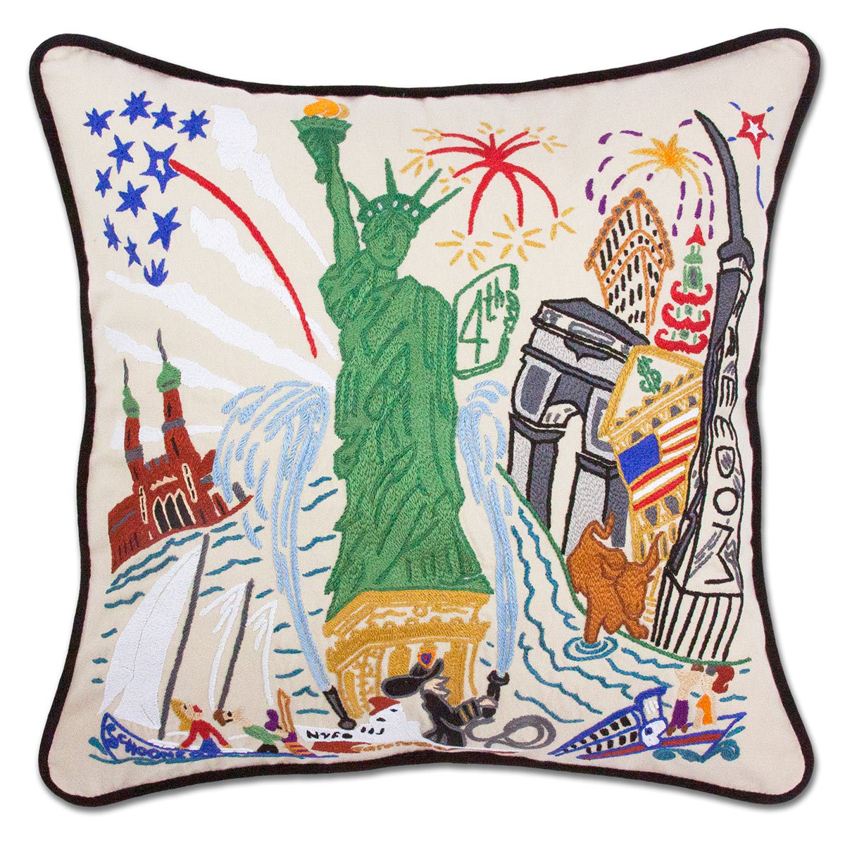 Statue of Liberty hand-embroidered throw pillow showcasing iconic landmarks
