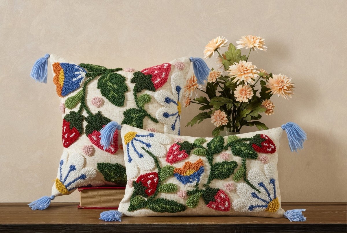 Strawberry Floral with Tassels Tufted Hooked Wool Throw Pillow shown alongside other designs in the same collection, 16x16 inch