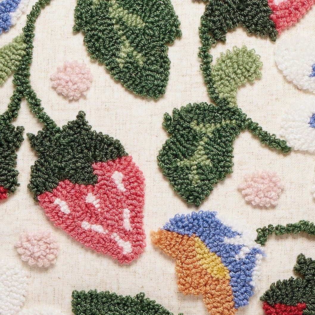 Strawberry Floral with Tassels Tufted Hooked Wool Throw Pillow, close-up detail