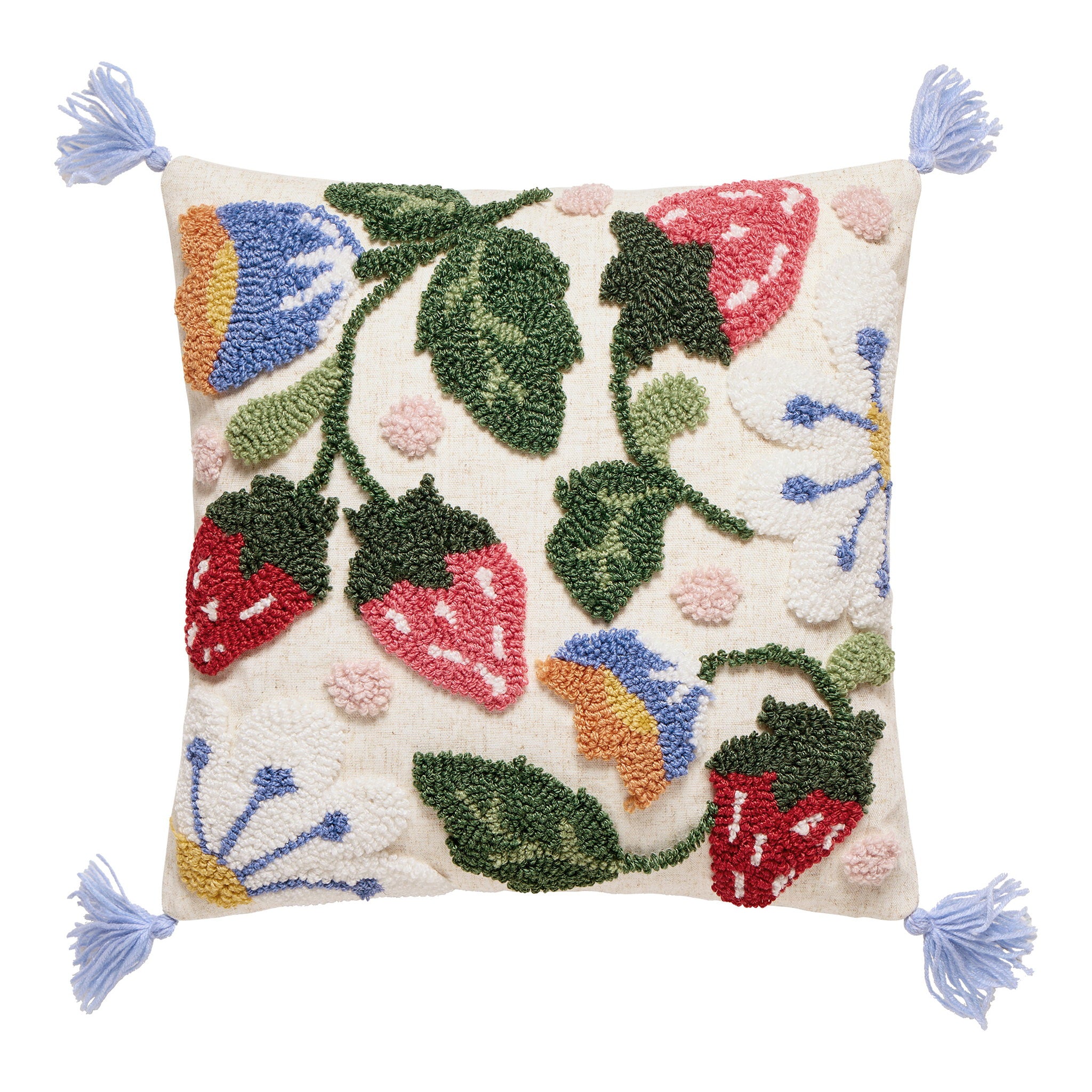 Strawberry Floral with Tassels Tufted Hooked Wool Throw Pillow, 16x16 inch, front view