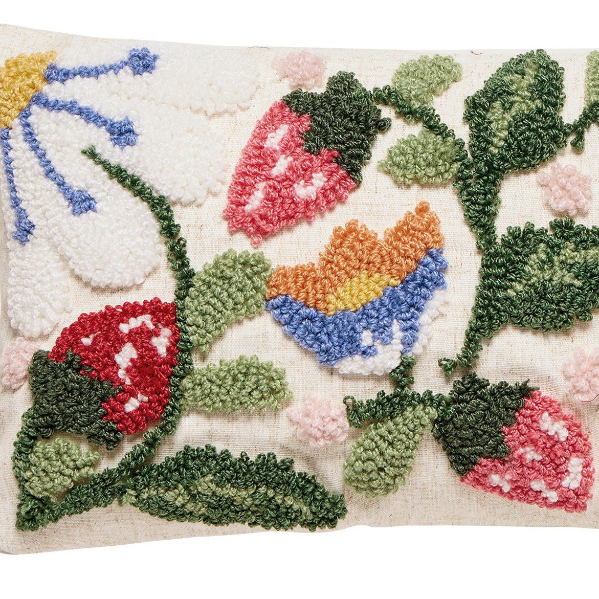 Strawberry Garden Tufted Hooked Wool Throw Pillow, close-up detail