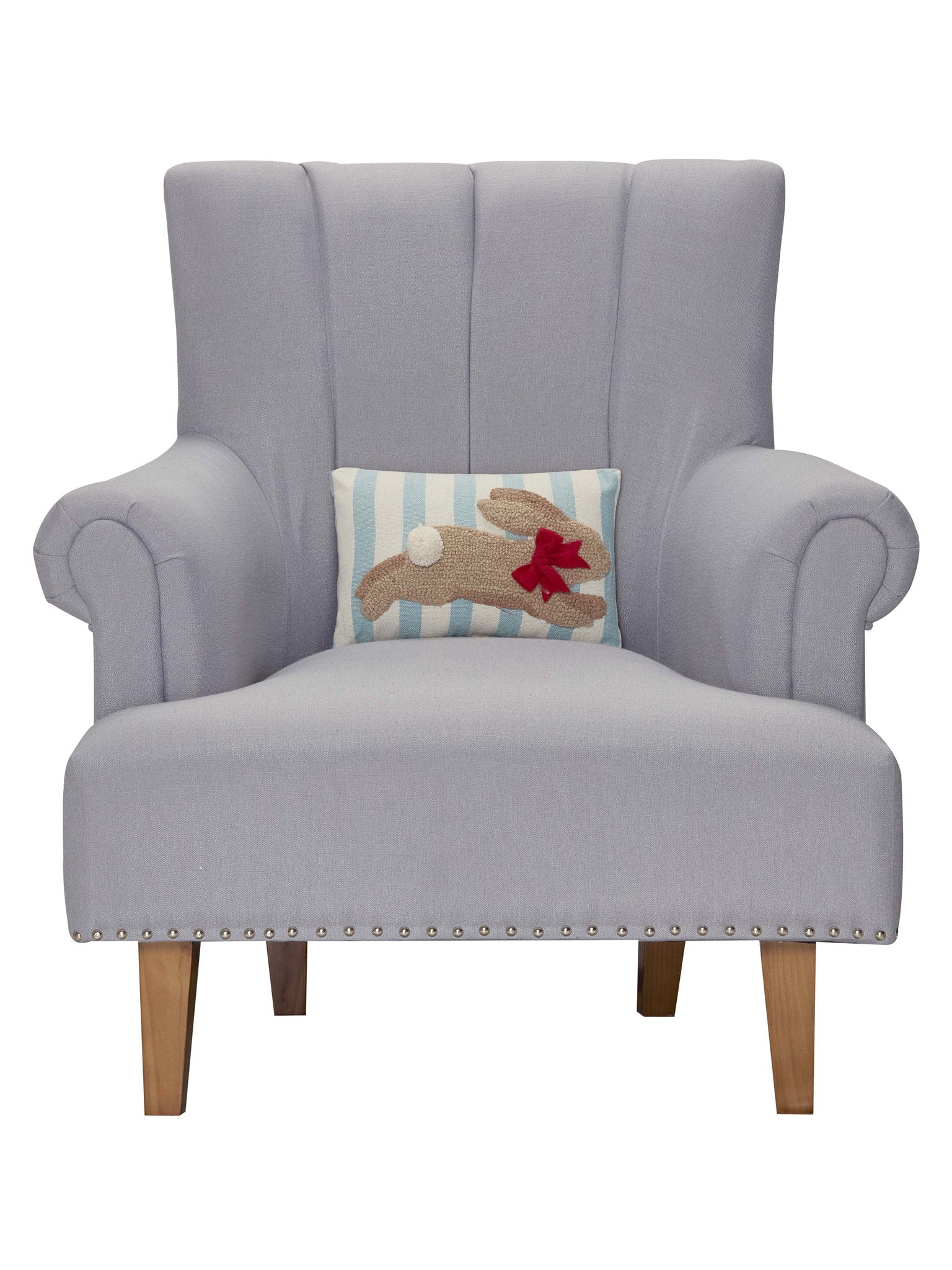 Stripe Bunny Hooked Easter Throw Pillow on an armchair, showing the throw pillow at room scale, 8x12 inch