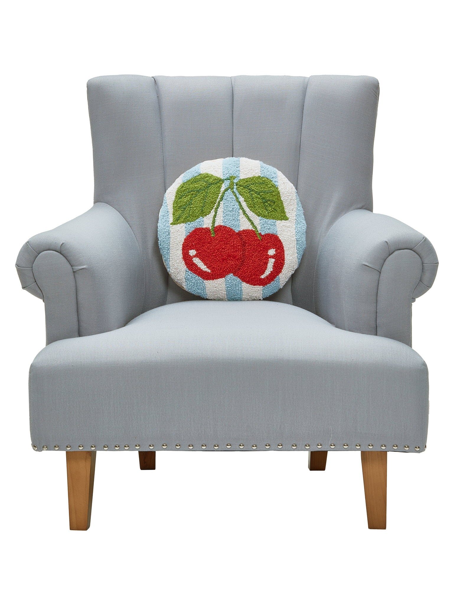 Stripe Cherries Hooked Wool Throw Pillow on an armchair, showing the throw pillow at room scale, 14x14 inch
