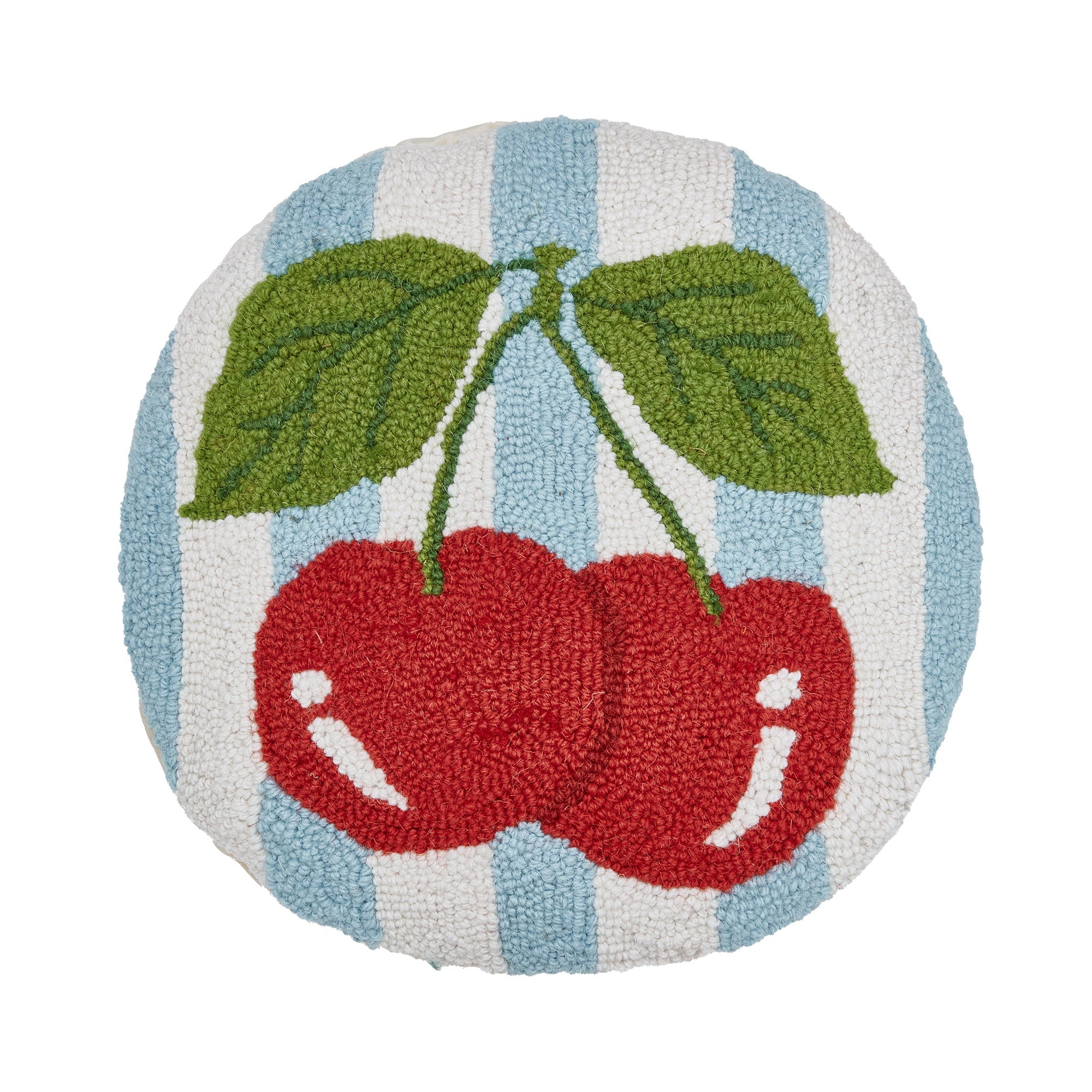 Stripe Cherries Hooked Wool Throw Pillow, 14x14 inch, front view