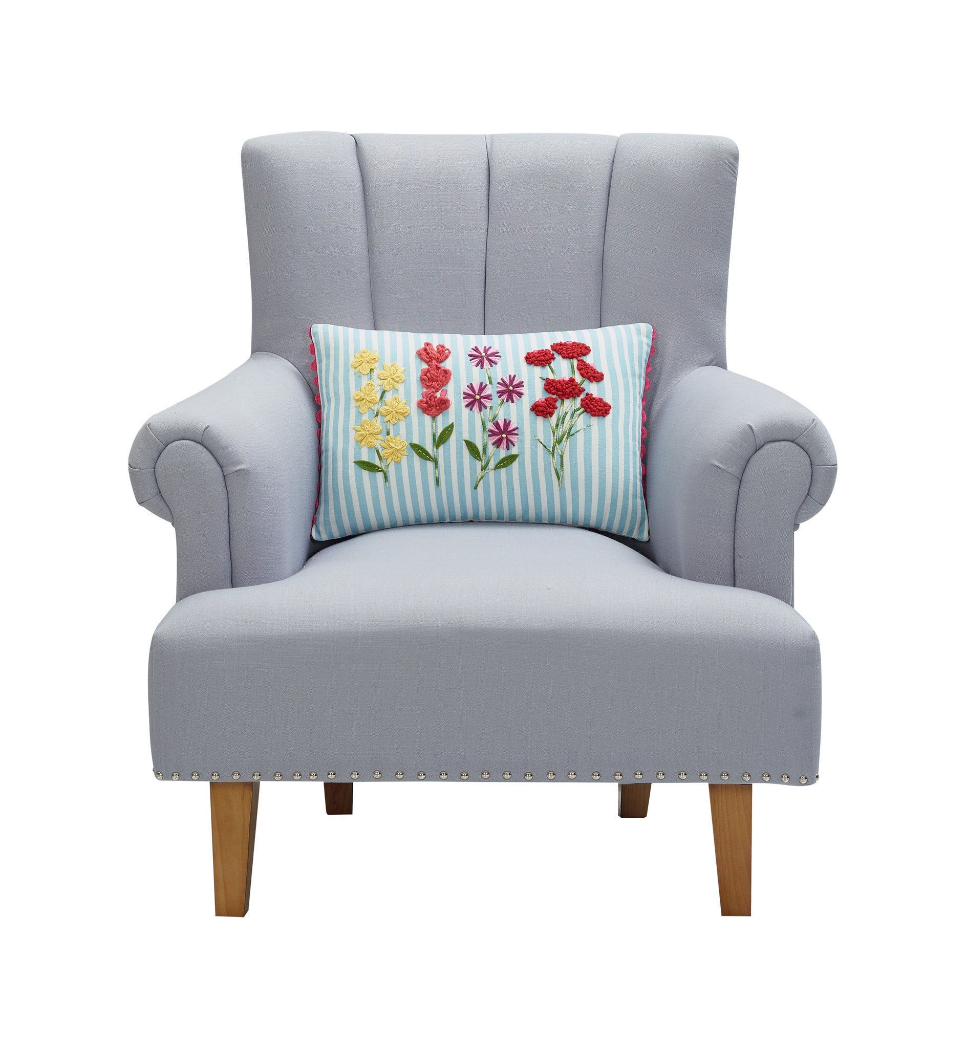 Stripe Floral Oblong Embroidered Throw Pillow on an armchair, showing the throw pillow at room scale, 12x18 inch