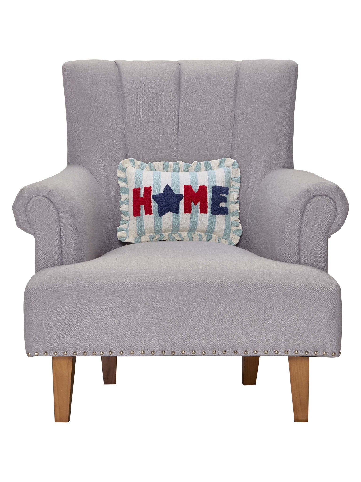 Stripe Home Hooked Throw Pillow on an armchair, showing the throw pillow at room scale, 8x12 inch
