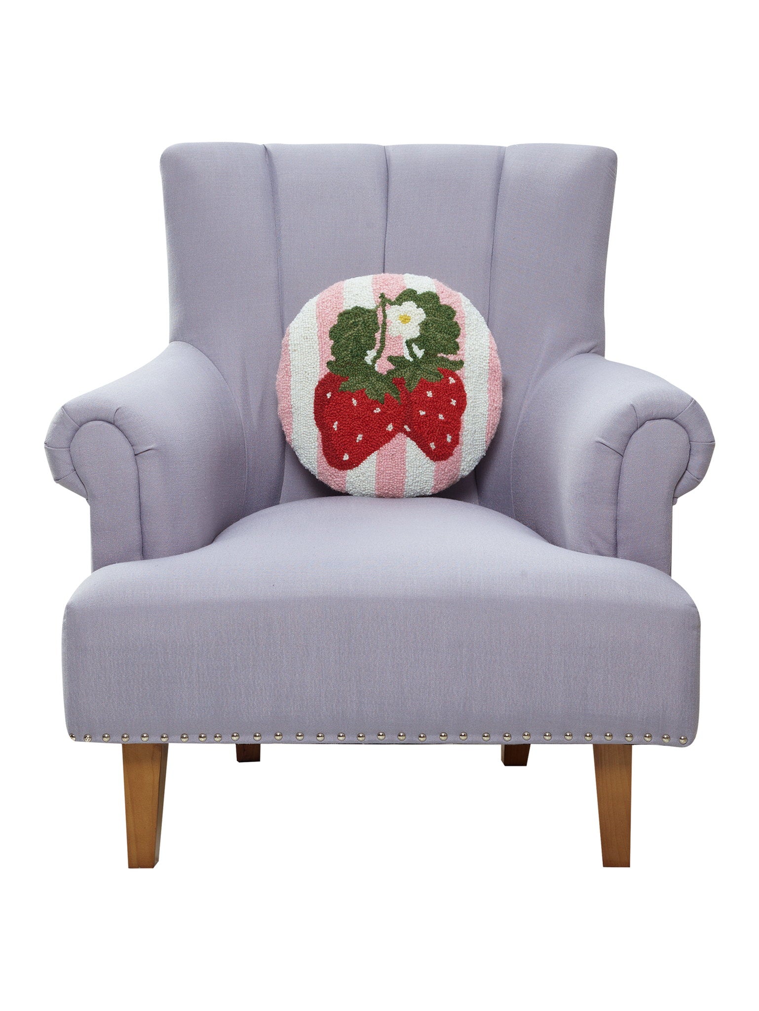 Stripe Strawberries Hooked Wool Throw Pillow on an armchair, showing the throw pillow at room scale, 14x14 inch