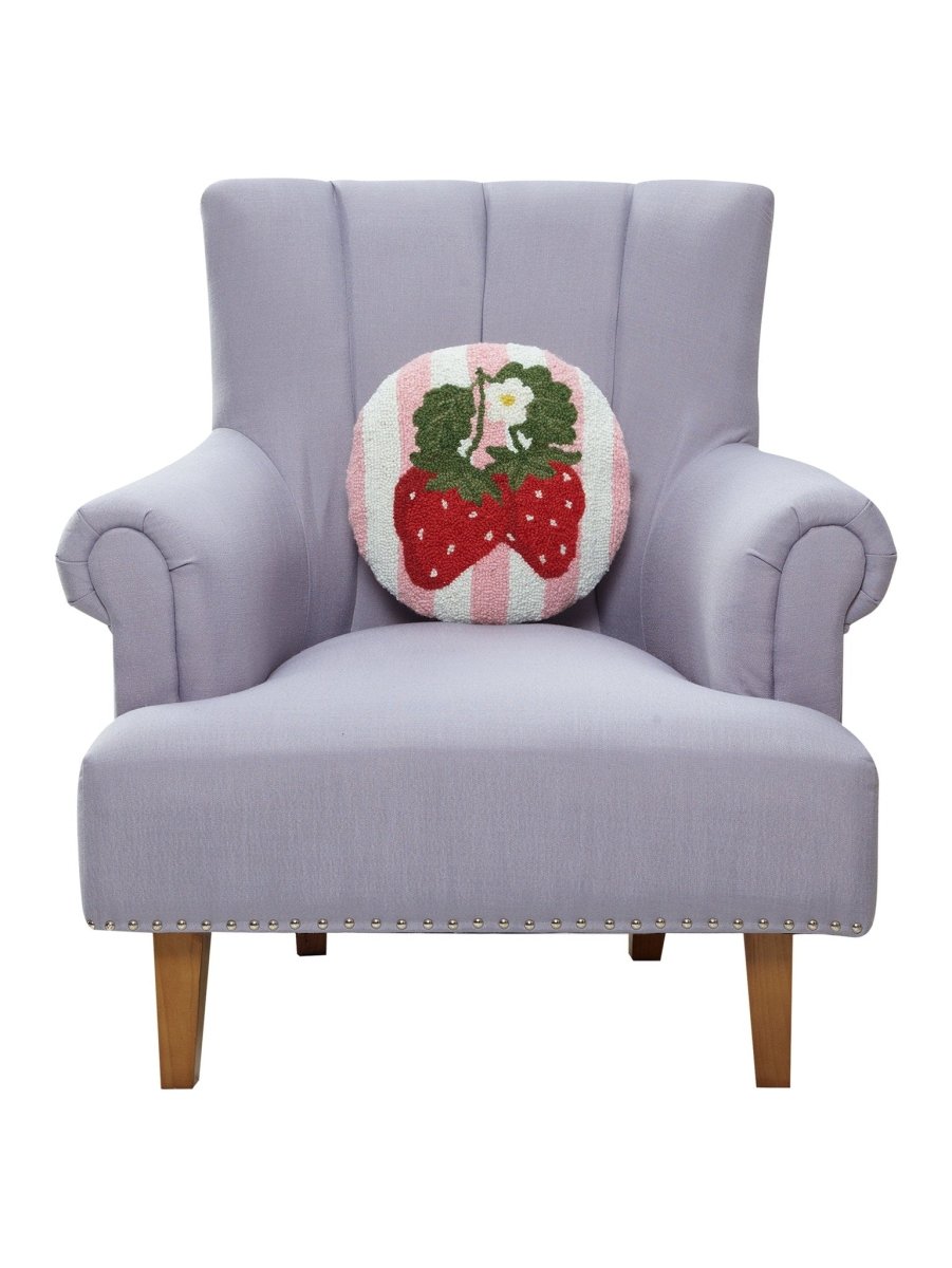 Stripe Strawberries Hooked Wool Throw Pillow on an armchair, showing the throw pillow at room scale, 14x14 inch