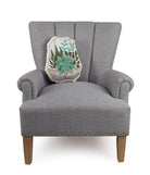 Succulent Terrarium Shaped Printed Throw Pillow on an armchair, showing the throw pillow at room scale, 12x15 inch