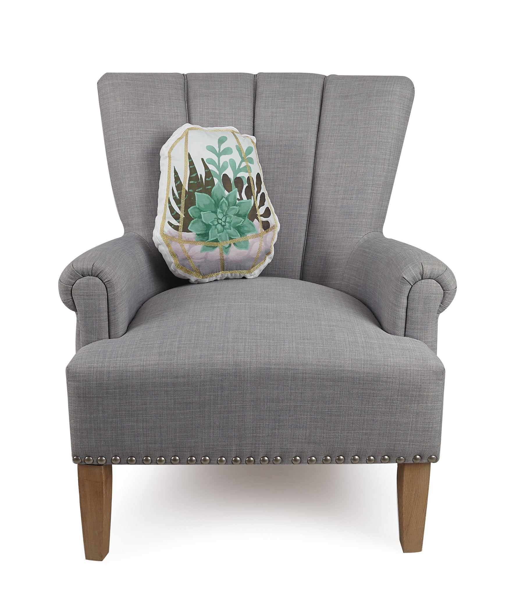 Succulent Terrarium Shaped Printed Throw Pillow on an armchair, showing the throw pillow at room scale, 12x15 inch