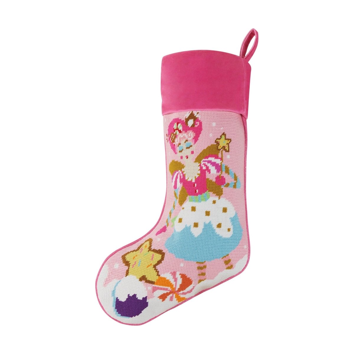 Sugar Plum Embroidered Needlepoint Christmas Stocking, 11x18 inch, front view