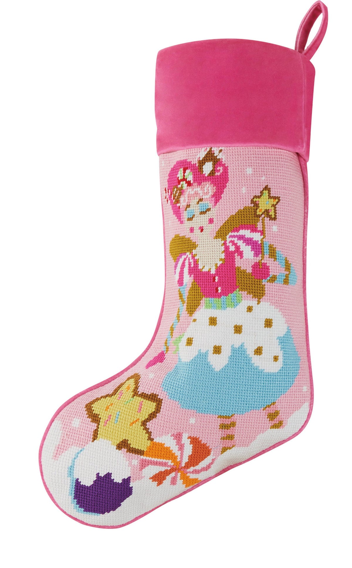 Sugar Plum Embroidered Needlepoint Christmas Stocking, 11x18 inch, front view