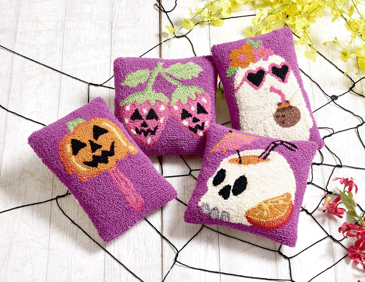 Summerween Jack Popsicle Hooked Wool Halloween Throw Pillow shown alongside other designs in the same collection, 8x12 inch