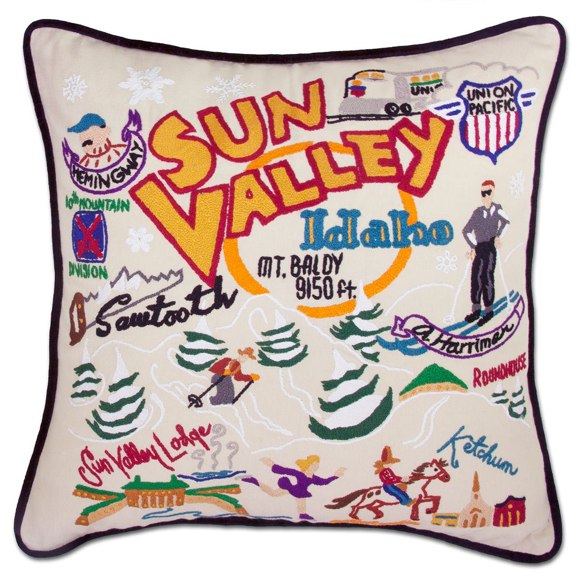Sun Valley, ID hand-embroidered throw pillow with rustic lodge-style design