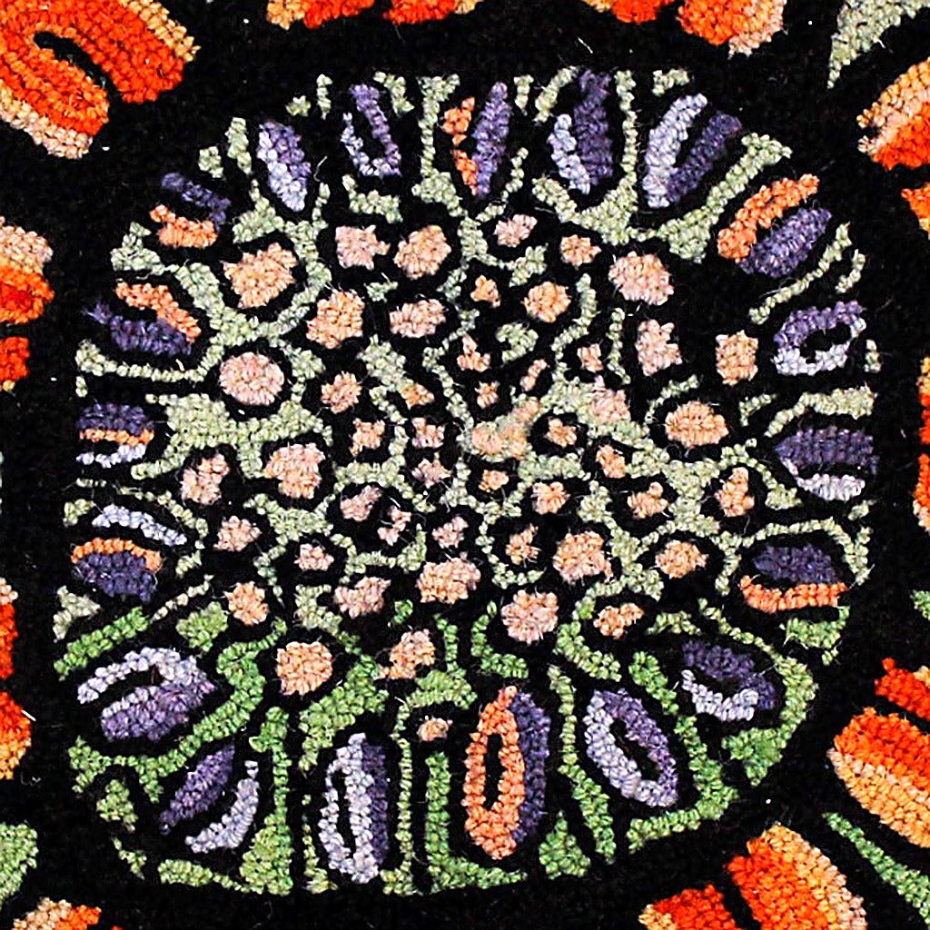 Hand-stitched wool detail of Sunflower Abstract Botanical Wool Hooked needlepoint pillow showing intricate weave pattern and texture