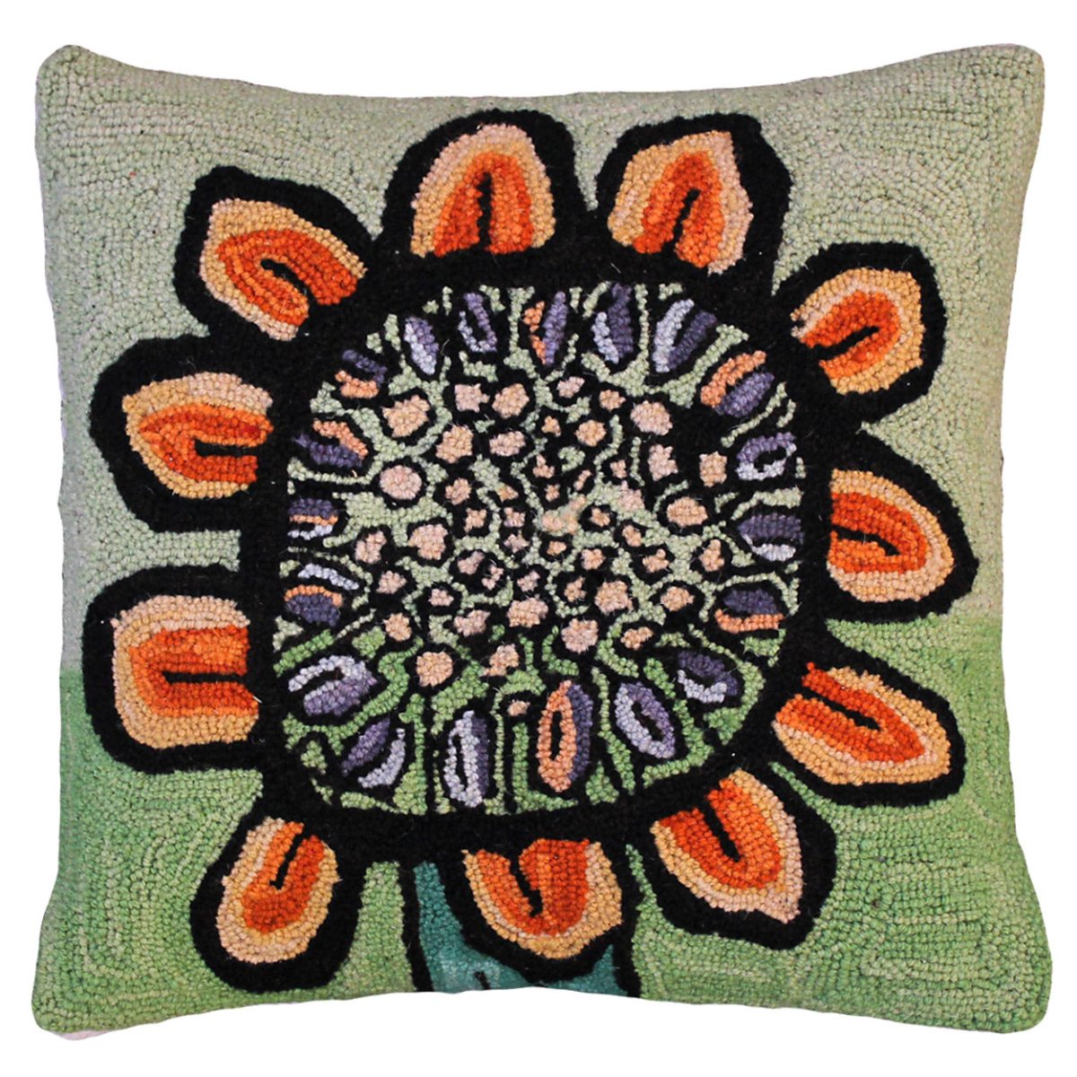 Sunflower Abstract hooked wool throw pillow with botanical floral design
